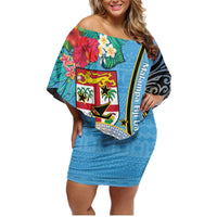 Vanuatu Malampa Fiji Day Family Matching Off Shoulder Short Dress and Hawaiian Shirt Happy 10 October With Maps Tropical Flowers LT14 Mom's Dress Blue - Polynesian Pride