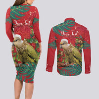 Personalised New Zealand Kakapo Christmas Couples Matching Long Sleeve Bodycon Dress and Long Sleeve Button Shirt Meri Kirihimete Silver Fern Mix Pohutukawa LT14 - Polynesian Pride