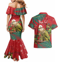 Personalised New Zealand Kakapo Christmas Couples Matching Mermaid Dress and Hawaiian Shirt Meri Kirihimete Silver Fern Mix Pohutukawa LT14 - Polynesian Pride