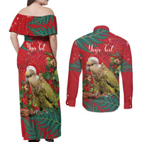 Personalised New Zealand Kakapo Christmas Couples Matching Off Shoulder Maxi Dress and Long Sleeve Button Shirt Meri Kirihimete Silver Fern Mix Pohutukawa LT14 - Polynesian Pride