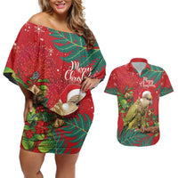 Personalised New Zealand Kakapo Christmas Couples Matching Off Shoulder Short Dress and Hawaiian Shirt Meri Kirihimete Silver Fern Mix Pohutukawa LT14 Red - Polynesian Pride