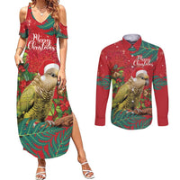 Personalised New Zealand Kakapo Christmas Couples Matching Summer Maxi Dress and Long Sleeve Button Shirt Meri Kirihimete Silver Fern Mix Pohutukawa LT14 Red - Polynesian Pride