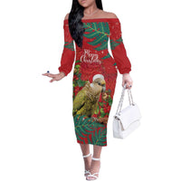 Personalised New Zealand Kakapo Christmas Family Matching Off The Shoulder Long Sleeve Dress and Hawaiian Shirt Meri Kirihimete Silver Fern Mix Pohutukawa LT14 Mom's Dress Red - Polynesian Pride