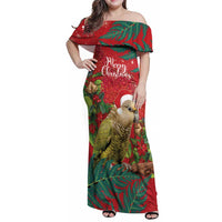 Personalised New Zealand Kakapo Christmas Family Matching Off Shoulder Maxi Dress and Hawaiian Shirt Meri Kirihimete Silver Fern Mix Pohutukawa LT14 Mom's Dress Red - Polynesian Pride