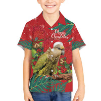 Personalised New Zealand Kakapo Christmas Family Matching Off Shoulder Maxi Dress and Hawaiian Shirt Meri Kirihimete Silver Fern Mix Pohutukawa LT14 Son's Shirt Red - Polynesian Pride