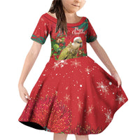 Personalised New Zealand Kakapo Christmas Family Matching Off Shoulder Short Dress and Hawaiian Shirt Meri Kirihimete Silver Fern Mix Pohutukawa LT14 Daughter's Dress Red - Polynesian Pride