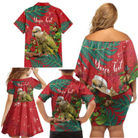 Personalised New Zealand Kakapo Christmas Family Matching Off Shoulder Short Dress and Hawaiian Shirt Meri Kirihimete Silver Fern Mix Pohutukawa LT14 - Polynesian Pride