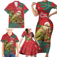 Personalised New Zealand Kakapo Christmas Family Matching Short Sleeve Bodycon Dress and Hawaiian Shirt Meri Kirihimete Silver Fern Mix Pohutukawa LT14 - Polynesian Pride