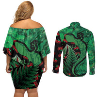 New Zealand Gecko Christmas Couples Matching Off Shoulder Short Dress and Long Sleeve Button Shirt Meri Kirihimete Paua Shell Mix Pohutukawa LT14 - Polynesian Pride