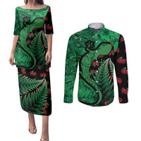 New Zealand Gecko Christmas Couples Matching Puletasi and Long Sleeve Button Shirt Meri Kirihimete Paua Shell Mix Pohutukawa LT14 Green - Polynesian Pride