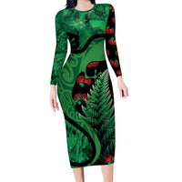 New Zealand Gecko Christmas Family Matching Long Sleeve Bodycon Dress and Hawaiian Shirt Meri Kirihimete Paua Shell Mix Pohutukawa LT14 Mom's Dress Green - Polynesian Pride