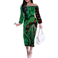 New Zealand Gecko Christmas Family Matching Off The Shoulder Long Sleeve Dress and Hawaiian Shirt Meri Kirihimete Paua Shell Mix Pohutukawa LT14 Mom's Dress Green - Polynesian Pride