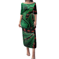 New Zealand Gecko Christmas Family Matching Puletasi and Hawaiian Shirt Meri Kirihimete Paua Shell Mix Pohutukawa LT14 Mom's Dress Green - Polynesian Pride