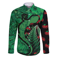 New Zealand Gecko Christmas Family Matching Tank Maxi Dress and Hawaiian Shirt Meri Kirihimete Paua Shell Mix Pohutukawa LT14 Dad's Shirt - Long Sleeve Green - Polynesian Pride