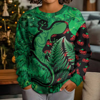 New Zealand Gecko Christmas Kid Ugly Christmas Sweater Meri Kirihimete Paua Shell Mix Pohutukawa LT14 - Polynesian Pride