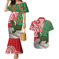 Personalised New Zealand Tuatara Christmas Couples Matching Mermaid Dress and Hawaiian Shirt Meri Kirihimete Aotearoa Maori Mix Pohutukawa LT14 Red - Polynesian Pride