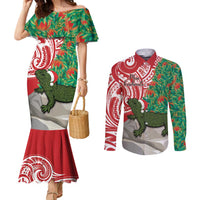 Personalised New Zealand Tuatara Christmas Couples Matching Mermaid Dress and Long Sleeve Button Shirt Meri Kirihimete Aotearoa Maori Mix Pohutukawa LT14 Red - Polynesian Pride