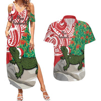Personalised New Zealand Tuatara Christmas Couples Matching Summer Maxi Dress and Hawaiian Shirt Meri Kirihimete Aotearoa Maori Mix Pohutukawa LT14 Red - Polynesian Pride