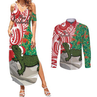 Personalised New Zealand Tuatara Christmas Couples Matching Summer Maxi Dress and Long Sleeve Button Shirt Meri Kirihimete Aotearoa Maori Mix Pohutukawa LT14 Red - Polynesian Pride