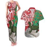 Personalised New Zealand Tuatara Christmas Couples Matching Tank Maxi Dress and Hawaiian Shirt Meri Kirihimete Aotearoa Maori Mix Pohutukawa LT14 Red - Polynesian Pride
