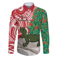 Personalised New Zealand Tuatara Christmas Family Matching Off The Shoulder Long Sleeve Dress and Hawaiian Shirt Meri Kirihimete Aotearoa Maori Mix Pohutukawa LT14 Dad's Shirt - Long Sleeve Red - Polynesian Pride