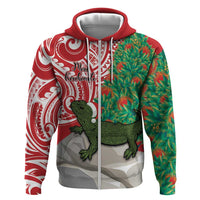 Personalised New Zealand Tuatara Christmas Hoodie Meri Kirihimete Aotearoa Maori Mix Pohutukawa LT14 Zip Hoodie Red - Polynesian Pride