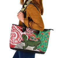 Personalised New Zealand Tuatara Christmas Leather Tote Bag Meri Kirihimete Aotearoa Maori Mix Pohutukawa LT14 Red - Polynesian Pride