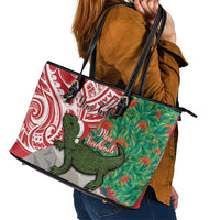 Personalised New Zealand Tuatara Christmas Leather Tote Bag Meri Kirihimete Aotearoa Maori Mix Pohutukawa LT14 - Polynesian Pride