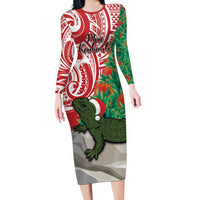 Personalised New Zealand Tuatara Christmas Long Sleeve Bodycon Dress Meri Kirihimete Aotearoa Maori Mix Pohutukawa LT14 Long Dress Red - Polynesian Pride