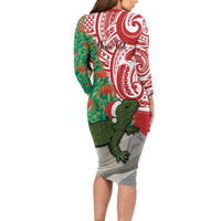 Personalised New Zealand Tuatara Christmas Long Sleeve Bodycon Dress Meri Kirihimete Aotearoa Maori Mix Pohutukawa LT14 - Polynesian Pride