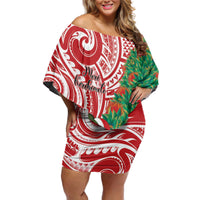 Personalised New Zealand Tuatara Christmas Off Shoulder Short Dress Meri Kirihimete Aotearoa Maori Mix Pohutukawa LT14 Women Red - Polynesian Pride
