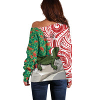 Personalised New Zealand Tuatara Christmas Off Shoulder Sweater Meri Kirihimete Aotearoa Maori Mix Pohutukawa LT14 - Polynesian Pride