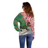 Personalised New Zealand Tuatara Christmas Off Shoulder Sweater Meri Kirihimete Aotearoa Maori Mix Pohutukawa LT14 - Polynesian Pride