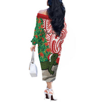 Personalised New Zealand Tuatara Christmas Off The Shoulder Long Sleeve Dress Meri Kirihimete Aotearoa Maori Mix Pohutukawa LT14 - Polynesian Pride