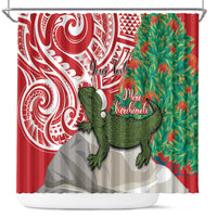 Personalised New Zealand Tuatara Christmas Shower Curtain Meri Kirihimete Aotearoa Maori Mix Pohutukawa LT14 Red - Polynesian Pride