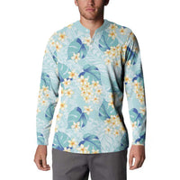 Pastel Cyan Tropical Hawaii Button Sweatshirt Seamless Monstera Plumeria Hawaiian Pattern - Polynesian Pride