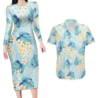 Pastel Cyan Tropical Hawaii Couples Matching Long Sleeve Bodycon Dress and Hawaiian Shirt Seamless Monstera Plumeria Hawaiian Pattern LT14 Pastel Cyan - Polynesian Pride
