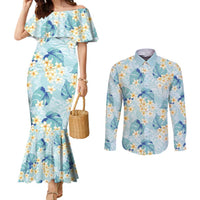 Pastel Cyan Tropical Hawaii Couples Matching Mermaid Dress and Long Sleeve Button Shirt Seamless Monstera Plumeria Hawaiian Pattern - Polynesian Pride