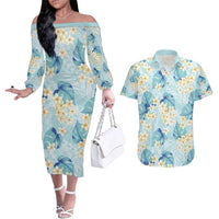 Pastel Cyan Tropical Hawaii Couples Matching Off The Shoulder Long Sleeve Dress and Hawaiian Shirt Seamless Monstera Plumeria Hawaiian Pattern LT14 Pastel Cyan - Polynesian Pride