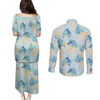 Pastel Cyan Tropical Hawaii Couples Matching Puletasi and Long Sleeve Button Shirt Seamless Monstera Plumeria Hawaiian Pattern - Polynesian Pride