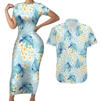 Pastel Cyan Tropical Hawaii Couples Matching Short Sleeve Bodycon Dress and Hawaiian Shirt Seamless Monstera Plumeria Hawaiian Pattern LT14 Pastel Cyan - Polynesian Pride