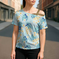 Pastel Cyan Tropical Hawaii Cross Shoulder Shirt Seamless Monstera Plumeria Hawaiian Pattern - Polynesian Pride