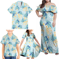 Pastel Cyan Tropical Hawaii Family Matching Off Shoulder Maxi Dress and Hawaiian Shirt Seamless Monstera Plumeria Hawaiian Pattern LT14 - Polynesian Pride