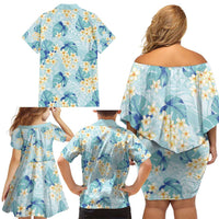 Pastel Cyan Tropical Hawaii Family Matching Off Shoulder Short Dress and Hawaiian Shirt Seamless Monstera Plumeria Hawaiian Pattern LT14 - Polynesian Pride