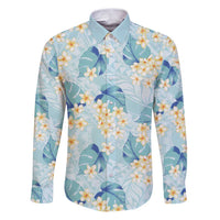 Pastel Cyan Tropical Hawaii Family Matching Puletasi and Hawaiian Shirt Seamless Monstera Plumeria Hawaiian Pattern LT14 Dad's Shirt - Long Sleeve Pastel Cyan - Polynesian Pride