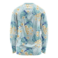 Pastel Cyan Tropical Hawaii Long Sleeve Shirt Seamless Monstera Plumeria Hawaiian Pattern - Polynesian Pride