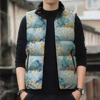 Pastel Cyan Tropical Hawaii Sleeveless Puffer Jacket Seamless Monstera Plumeria Hawaiian Pattern - Polynesian Pride