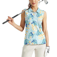 Pastel Cyan Tropical Hawaii Women Sleeveless Polo Shirt Seamless Monstera Plumeria Hawaiian Pattern - Polynesian Pride