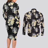 Black Tropical Hawaii Couples Matching Long Sleeve Bodycon Dress and Long Sleeve Button Shirt Seamless Monstera Plumeria Hawaiian Pattern - Polynesian Pride