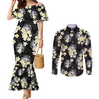 Black Tropical Hawaii Couples Matching Mermaid Dress and Long Sleeve Button Shirt Seamless Monstera Plumeria Hawaiian Pattern - Polynesian Pride